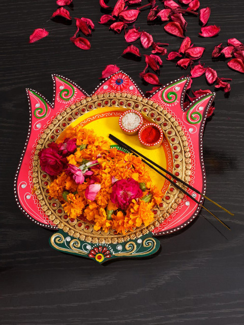 

eCraftIndia Yellow & Pink Lotus-Shaped Handcrafted Multiutility Pooja Thali