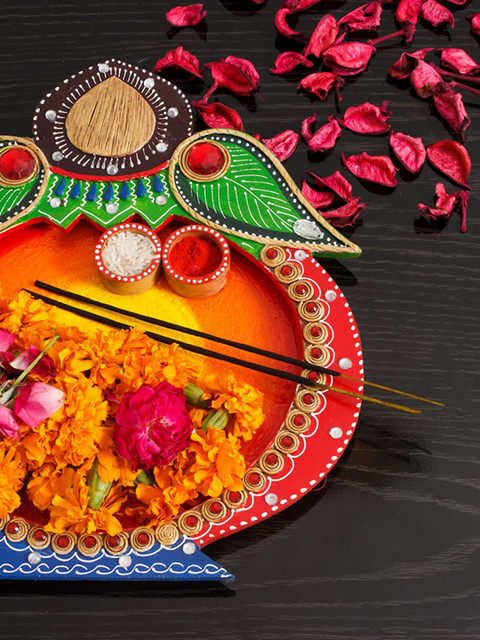 

eCraftIndia Orange & Yellow Pitcher-Shaped Handcrafted Multiutility Pooja Thali