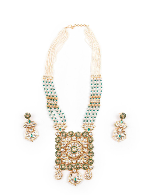 

ODETTE Gold Plated Green Kundan Studded Jewellery Set