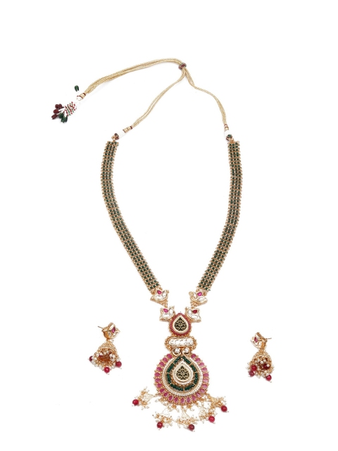 

ODETTE Gold Plated Red & Green Kundan Studded Jewellery Set