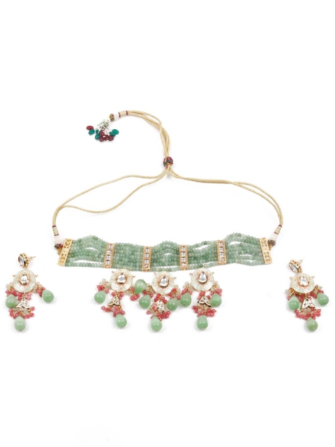 

ODETTE Gold-Plated Green & Pink Stone-Studded & Beaded Jewellery Set