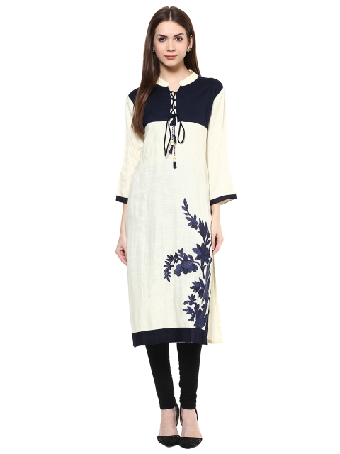 

Get Glamr Women Off-White & Navy Embroidered Straight Kurta