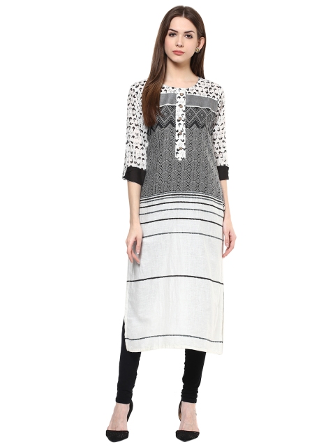 

Get Glamr Women White & Grey Printed Straight Kurta