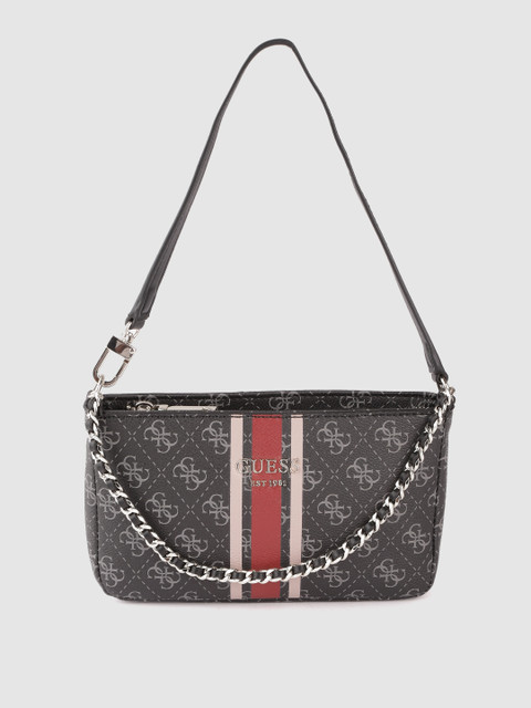 

GUESS Black & Charcoal Grey Brand Logo Printed Structured Handheld Bag
