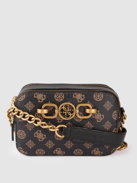 

GUESS Women Brown & Beige Brand Logo Printed Structured Sling Bag