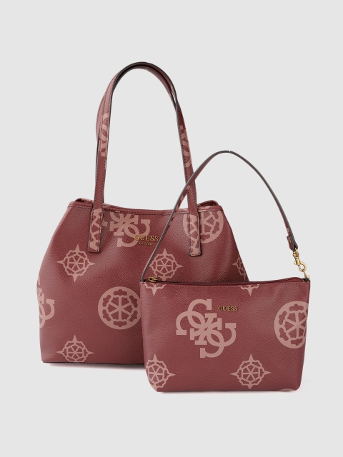 

GUESS Women Burgundy Brand Logo Printed Structured Tote Bag with Matching Pouch