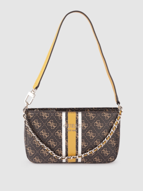 

GUESS Coffee Brown & Beige Brand Logo Printed Structured Baguette Handheld Bag