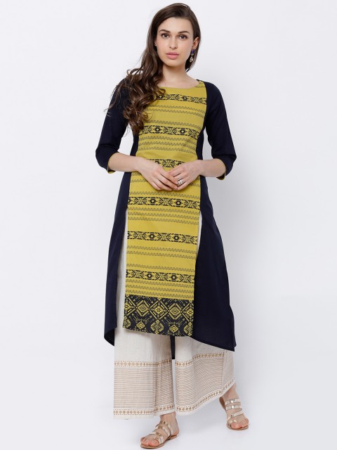 

Vishudh Women Mustard Yellow & Navy Blue Printed A-Line Kurta