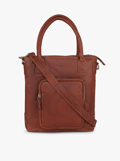 

PELLE LUXUR Brown Textured Leather Structured Handheld Bag