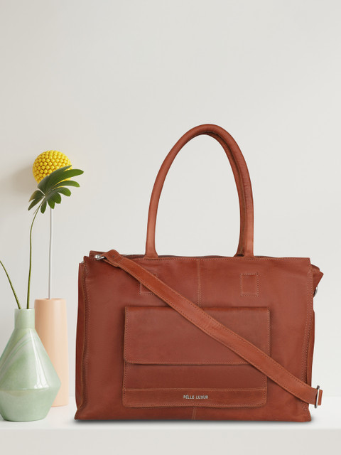 

PELLE LUXUR Women Brown Leather Oversized Structured Shoulder Bag with Fringed