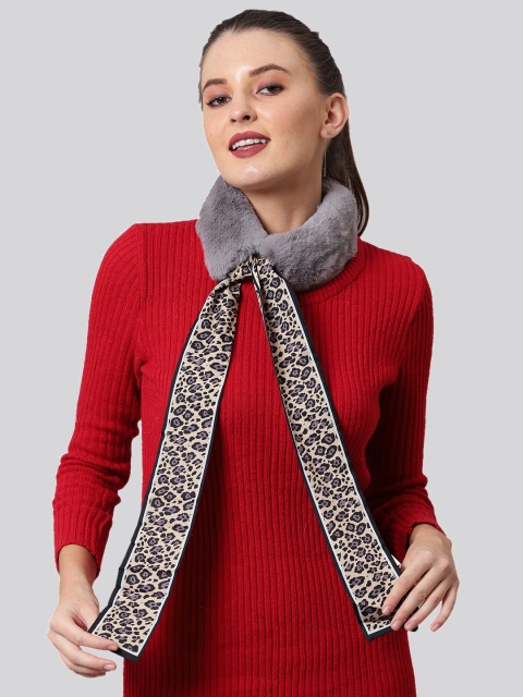 

ELLIS Women Grey Solid Faux Fur Neck Scarf with Ribbon