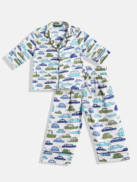 

Readiprint Fashions Kids White & Blue Printed Cotton Night suit