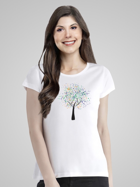 

Pootlu Women White Printed Pure Cotton T-shirt