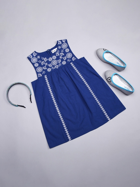 

Ka-mee Blue Floral Embroidered Cotton A-Line Dress
