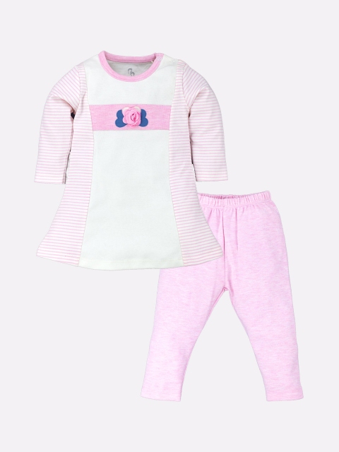

BABY GO Girls Pure cotton Pink & Off White Printed Top with Leggings