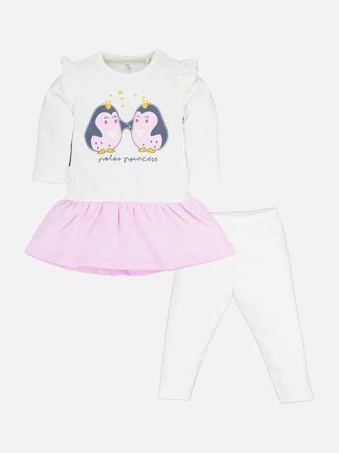 

BABY GO Girls Pure cotton White & Blue Printed Top with Leggings
