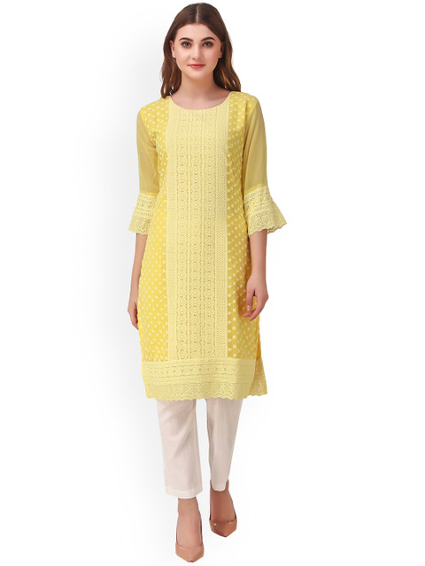 

SWAGG INDIA Women Yellow Floral Embroidered Flared Sleeves Georgette Kurta