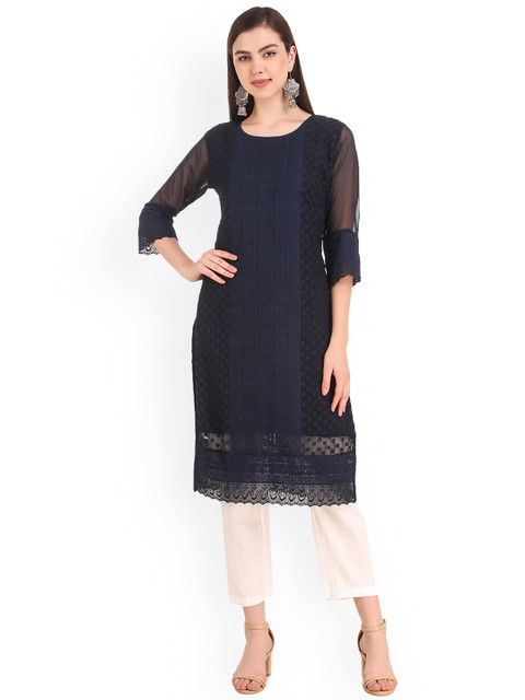 

SWAGG INDIA Women Navy Blue Embroidered Flared Sleeves Thread Work Kurta