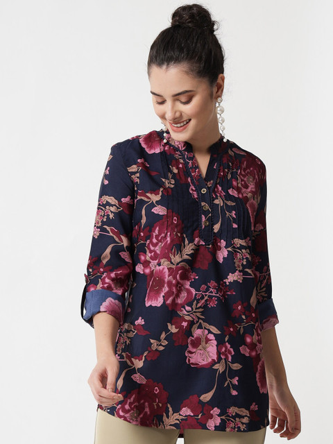 

MAXENCE Navy Blue Mandarin Collar Printed Tunic