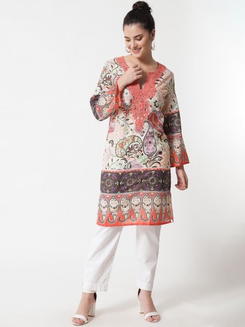 

MAXENCE White & Peach Ethnic Motifs Printed V-Neck Cotton Blend Kurti