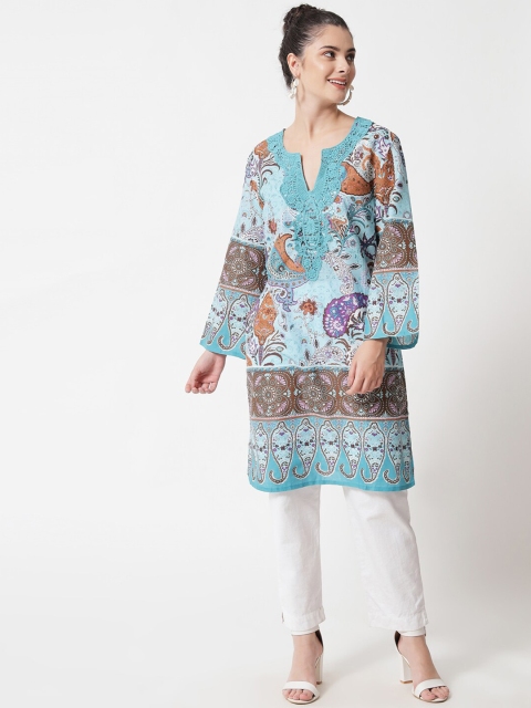 

MAXENCE Blue & Brown Ethnic Motifs Printed Flared Sleeves Kurti