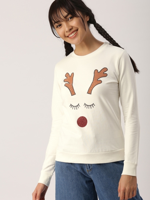 

DressBerry Women Off-White Self-Design Sweatshirt