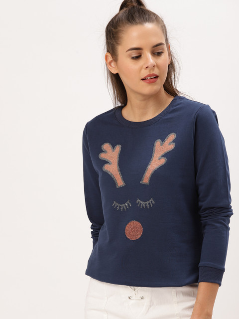 

DressBerry Women Navy Blue Embellished Sweatshirt