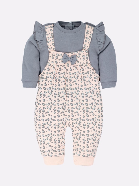 

BABY GO Infant Girls Peach & Grey Printed Pure Cotton Dungarees