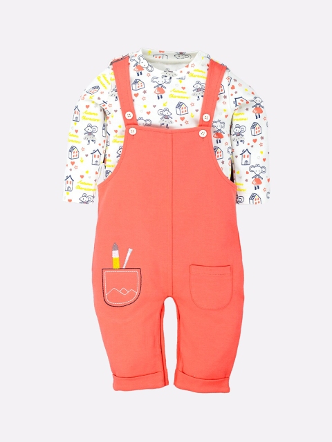 

BABY GO Infant Girls Orange & White Printed Pure Cotton Dungarees