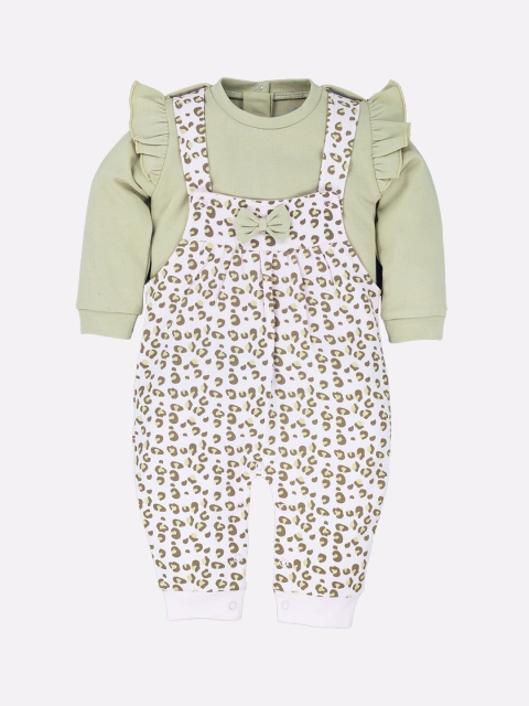 

BABY GO Infant Girls Olive Green Printed Pure Cotton Dungarees