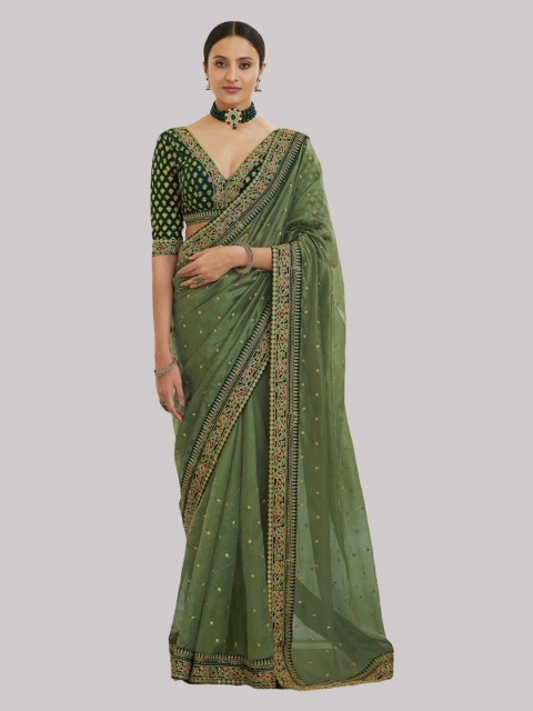 

Ethnic Yard Green & Pink Woven Design Saree