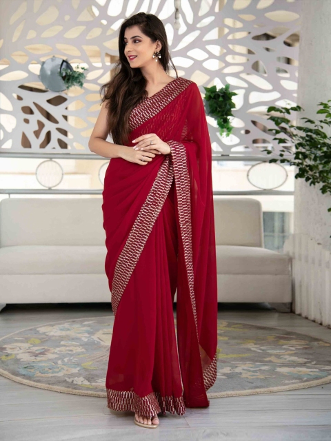 

Ethnic Yard Red Sequinned Pure Georgette Saree