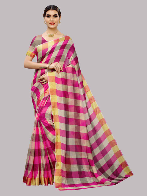 

Ethnic Yard Pink & Grey Checked Pure Cotton Saree