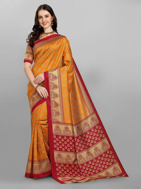 

Ethnic Yard Women Orange & Maroon Woven Design Pure Silk Saree