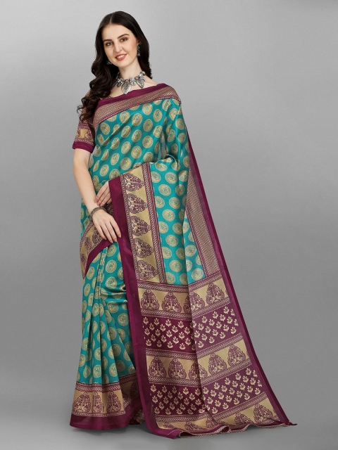 

Ethnic Yard Women Green & Purple Floral Pure Silk Saree
