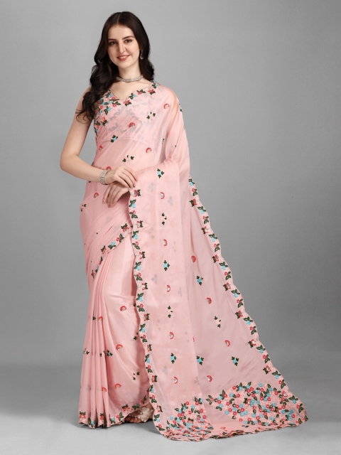 

Ethnic Yard Peach-Coloured Floral Printed Pure Silk Saree