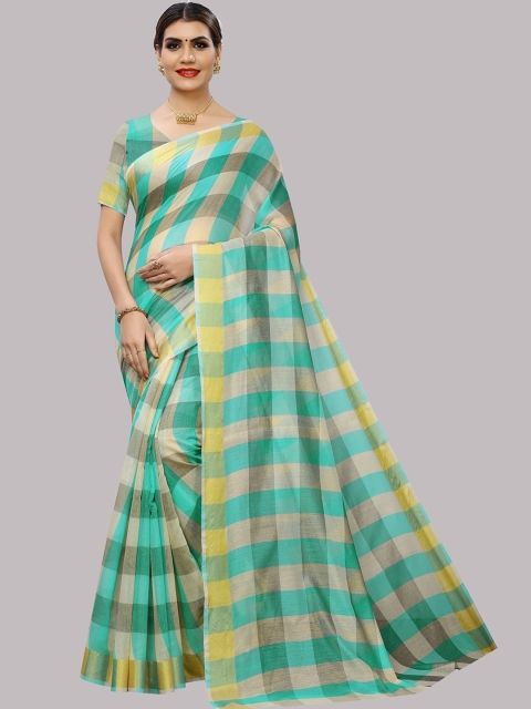 

Ethnic Yard Green & Beige Checked Pure Cotton Saree