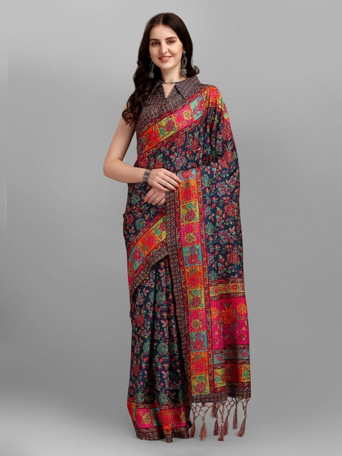 

Ethnic Yard Blue & Pink Floral Pure Silk Saree