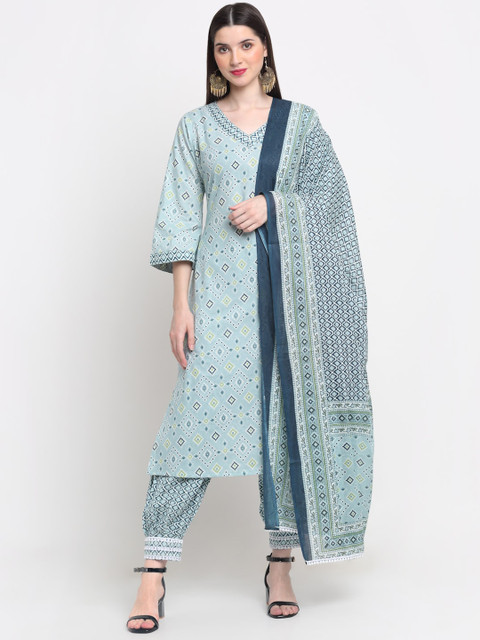 

Assamica Women Grey Printed Pure Cotton Kurta with Trouser & Dupatta