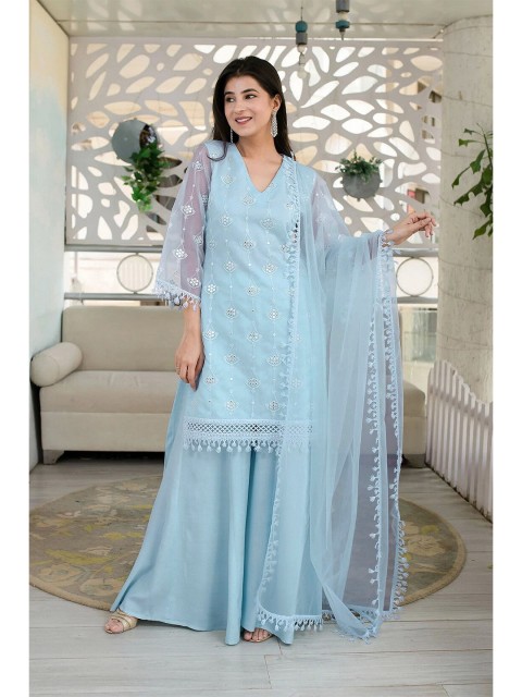 

YOYO Fashion Blue Embellished Semi-Stitched Dress Material