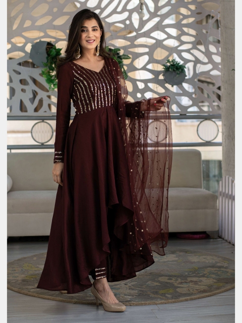 

YOYO Fashion Brown Embellished Semi-Stitched Dress Material