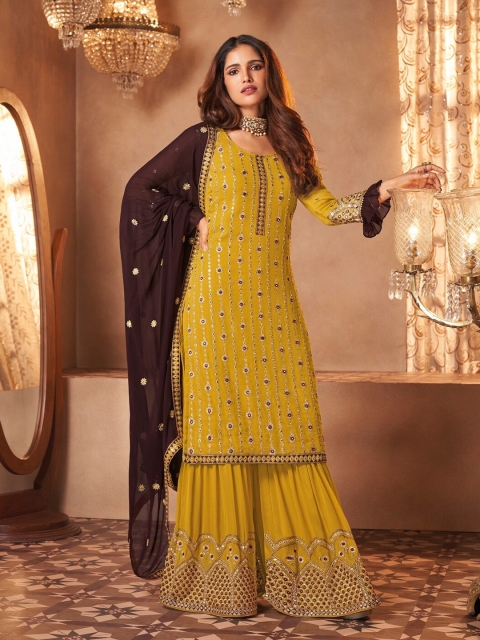 

YOYO Fashion Yellow & Brown Embellished Semi-Stitched Dress Material