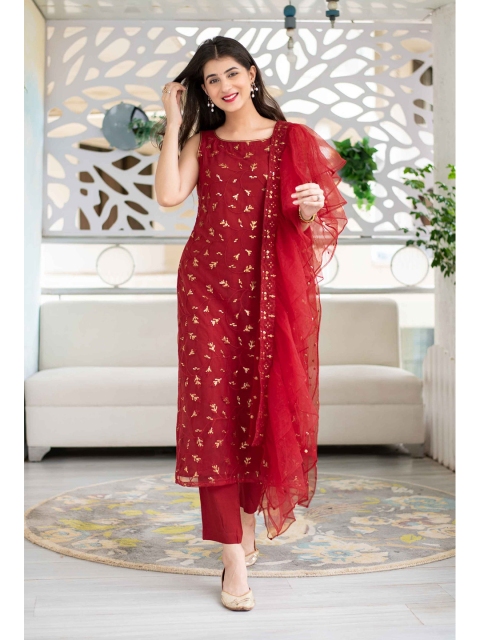 

YOYO Fashion Red & White Embroidered Semi-Stitched Dress Material