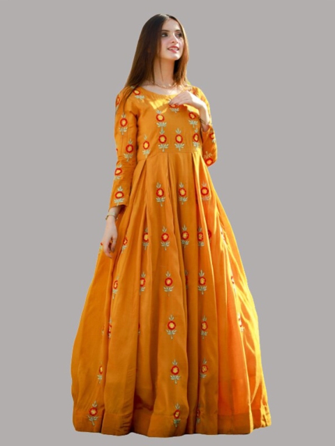

YOYO Fashion Yellow & Red Embroidered Pure Silk Semi-Stitched Dress Material