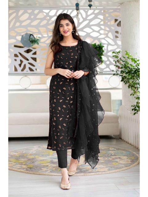 

YOYO Fashion Black & Gold-Toned Embroidered Semi-Stitched Dress Material