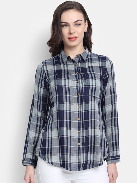 

fabGLOBAL Women Navy Blue Checked Casual Shirt
