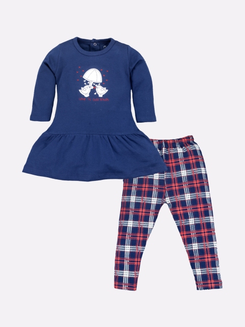 

BABY GO Girls Navy Blue & Red Printed Cotton Top with Leggings