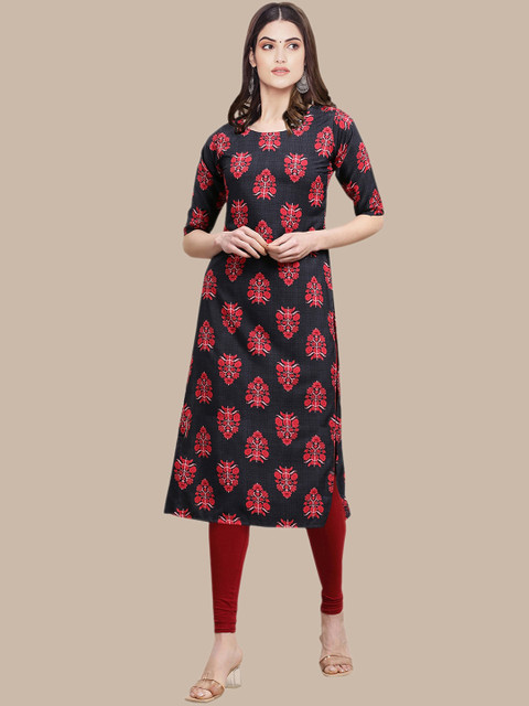 

KALINI Women Grey & Red Floral Printed Crepe Kurta