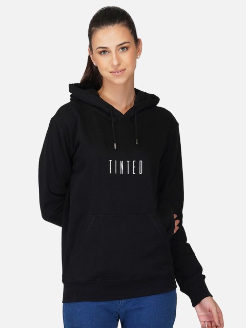

Tinted Women Black Printed Hooded Sweatshirt