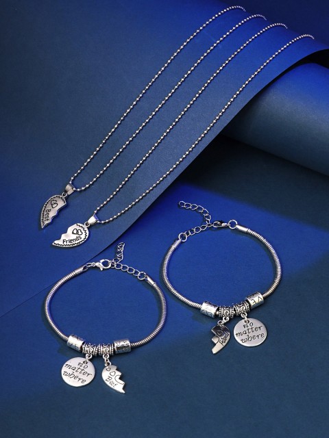 

Yellow Chimes Set of 4 best friend charmed pendant and bracelet, Silver